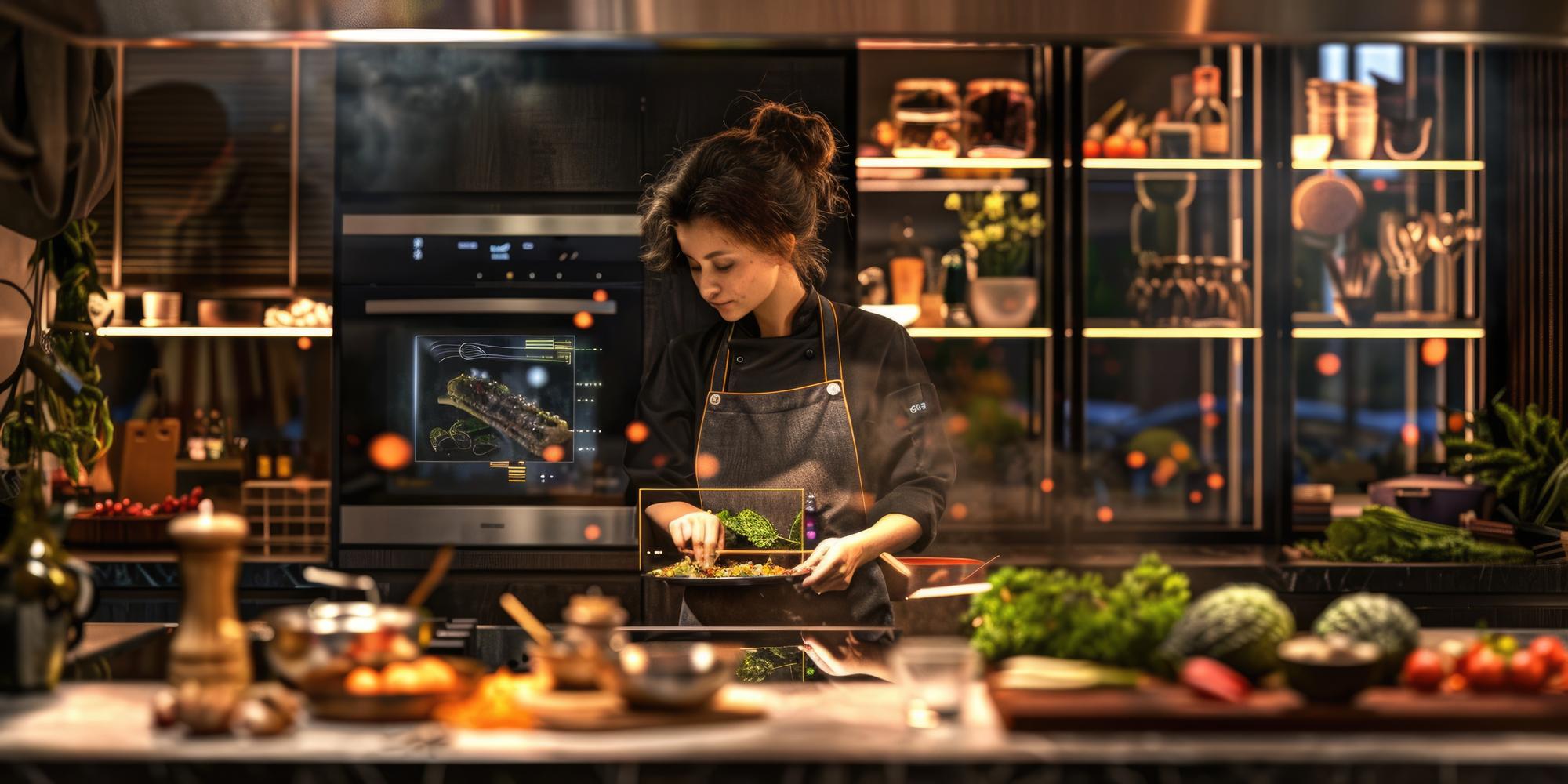 Studio kitchen with digital displays and plated dishes